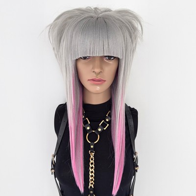 Grau Rosa Szene Perücke, Wolf Cut Vokuhila, Lagenlook Schnitt mit Pony, Hitzebeständiges Haar