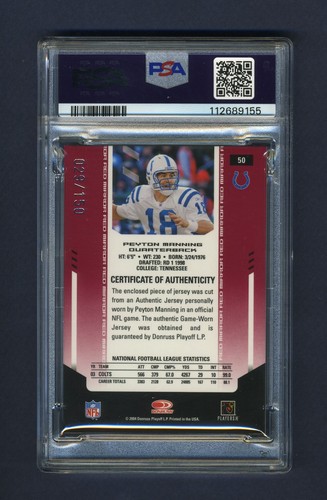 PEYTON MANNING JERSEY CARD:2004 LEAF CERTIFIED MATERIALS MIRROR RED PSA-9 (MINT) - Picture 2 of 2