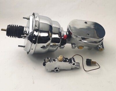  8'' CHROMEDual Power Brake Booster w/ Flat Top Master Cylinder +Disc Drum Valve