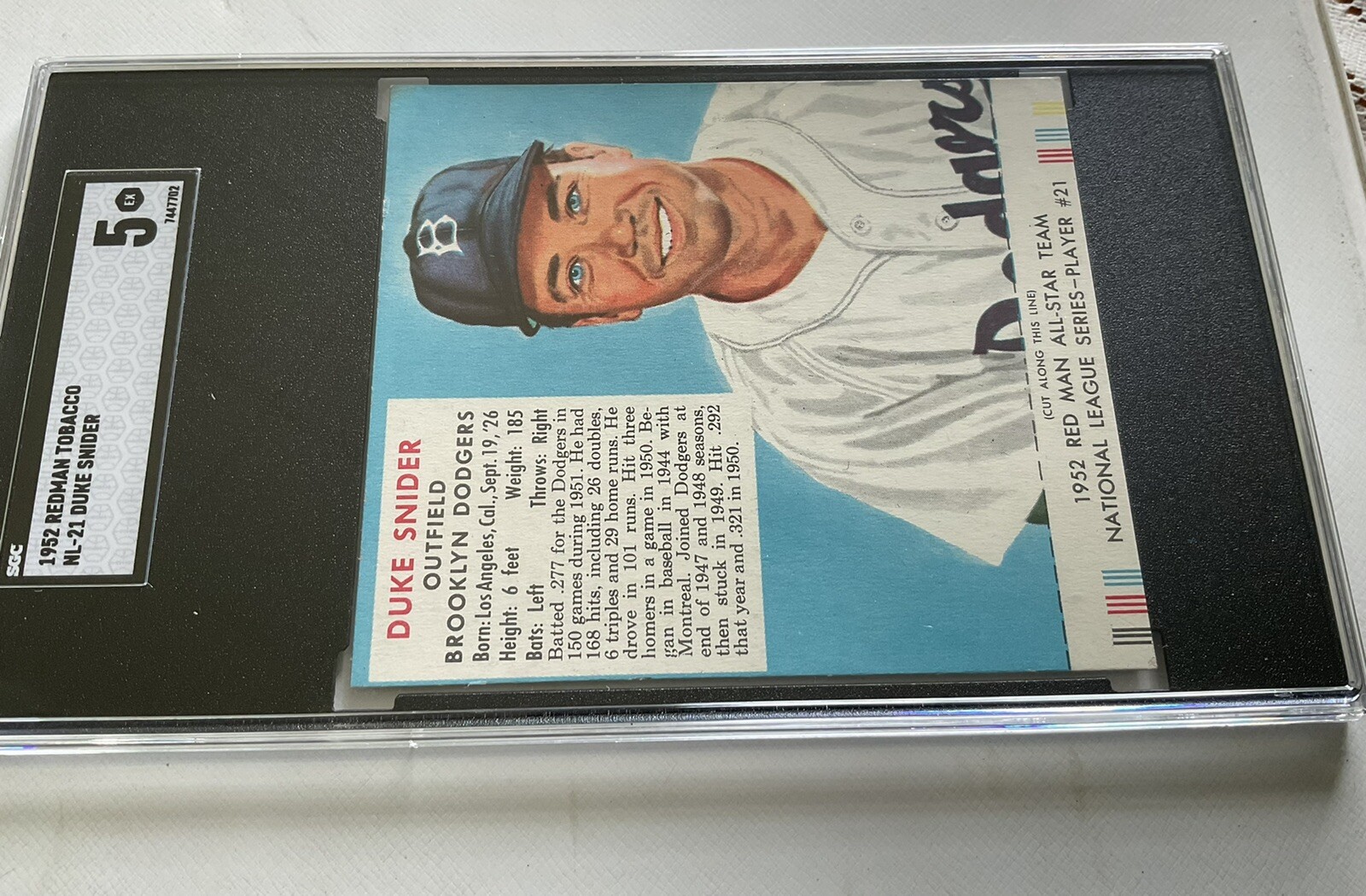 1952 RED MAN TOBACCO = NL #14  DUKE SNIDER   WITH TAB = SGC  5 = EX - Picture 4 of 8
