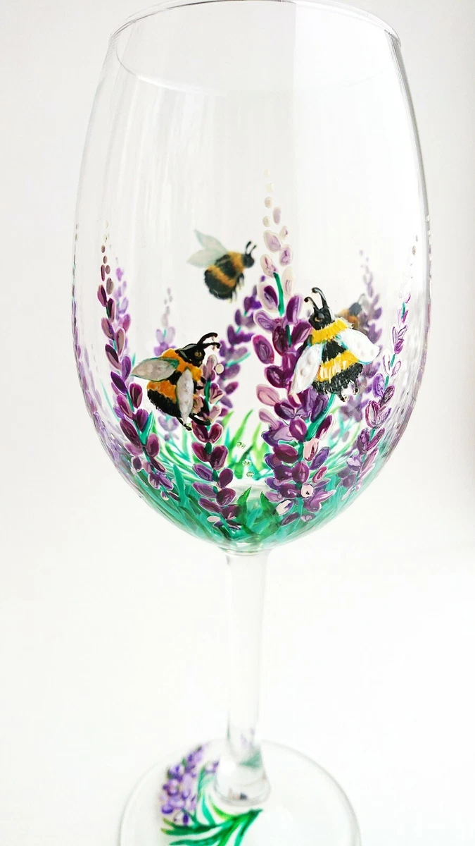 Hand Painted Lavender Flower Stemless Wine Glasses - Set of 4 - 15 ounce