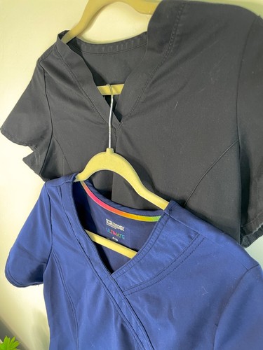Women's Tops Shirts Blue Black Medical Scrub Tops V Neck Size XS LOT OF 2 - Picture 4 of 11