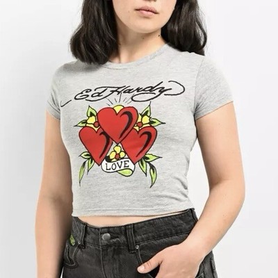 Ed Hardy Rhinestone Hearts Cropped Baby Tee T Shirt Gray XL Y2K Love Graphic