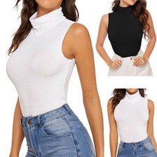 Women Turtleneck Tank Top Stretch Ribbed Knit Fitted Durable Sleeveless Shirt US