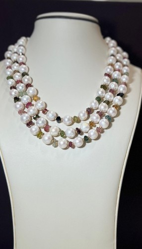 14K Yellow Gold Pearl and Natural Assorted Gemstone Triple Strand Bead Necklace - Picture 6 of 8