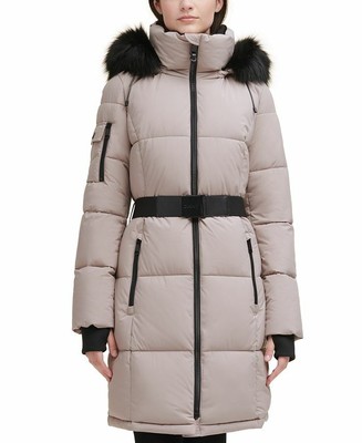 DKNY Belted Faux-Fur-Trim Hooded Puffer 