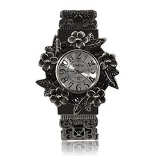 Women Vintage Cuff Bangle Bracelet Watch Carved Flowers Analog Quartz Wrist