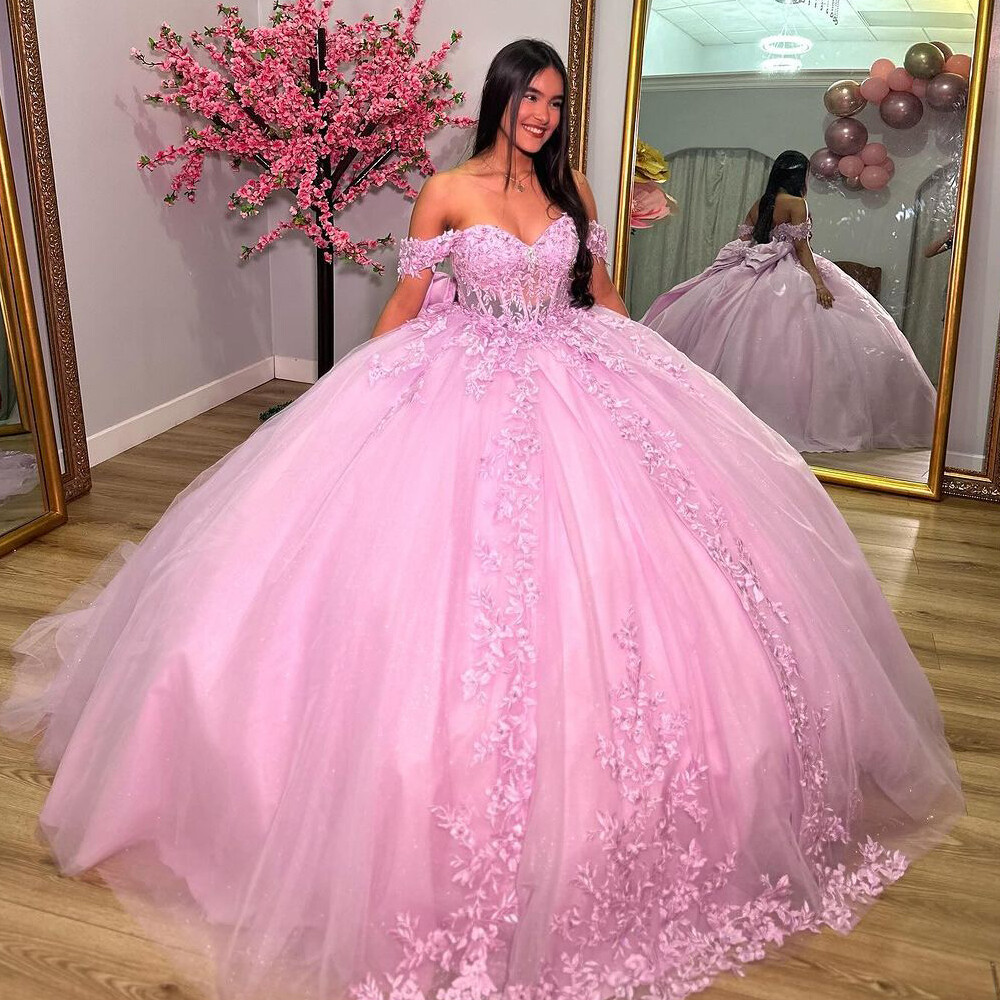 Pink Quinceanera Dresses Ball Gown with Big Bow Off Shoulder Floral Sweet 16