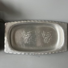 Pretty Vintage Heavy Silver Tone Metal Pin, Serving Tray With Stork Engraving