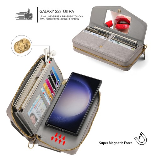 For Samsung Galaxy S24 S23 S22 Detachable Zipper Wallet Crossbody Phone Case - Photo 12 sur 73