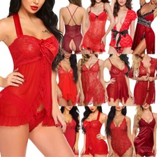 Valentine-Red-Women-Lingerie-Lace-Babydoll-XMAS-Teddy-Bodysuit-Chemise-Sleepwear