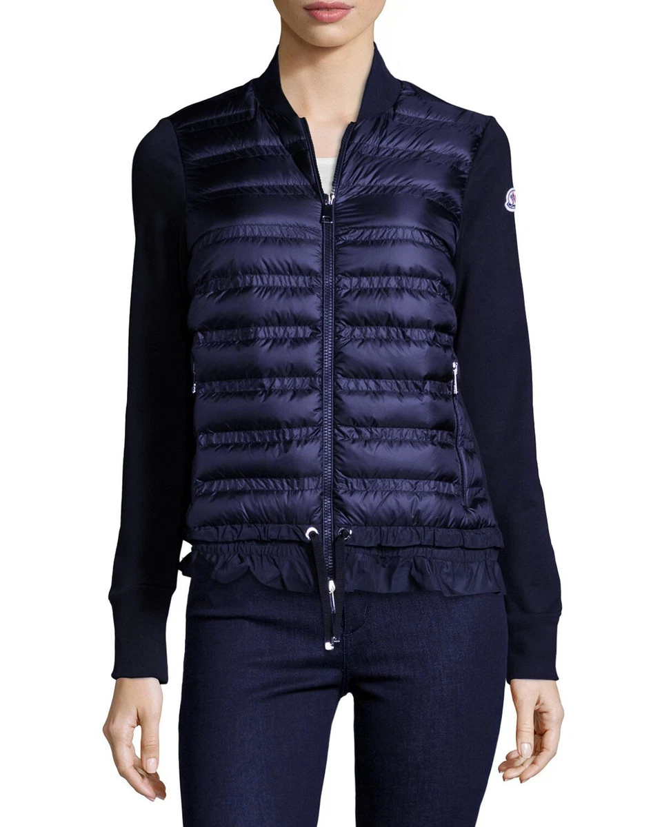 MONCLER Maglione Tricot Cardigan Navy ZipUp Jacket Knit Sleeve Ruffle Hem  size M