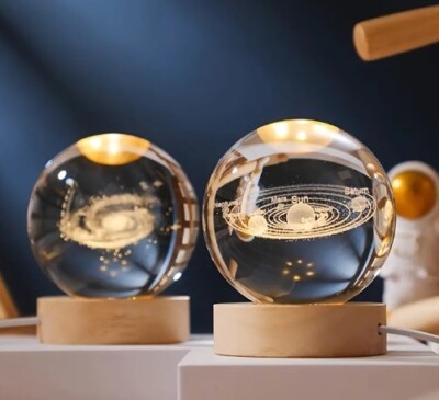 3D Crystal Ball Night Light, Galaxy, Planet Saturn, Solar System and Moon NEW!