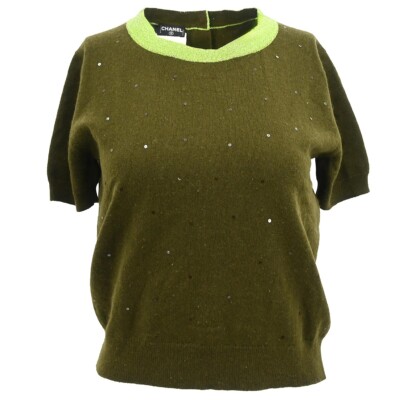 Chanel Short Sleeve Sweater Knit Top Khaki 96A #44 143817 | eBay