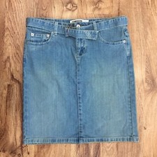 Route 66 Distressed Blue Denim Skirt Sz 7/8 Belted Back Pocket Bling Womens 7/8