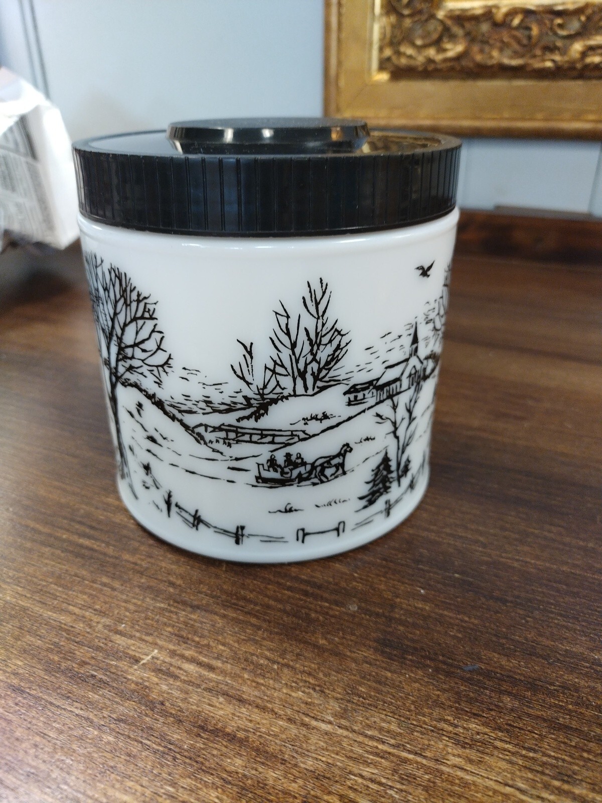 Vintage Milk Glass Tobacco Jar Black And White Winter Scene C4 eBay