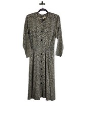 Vintage 80s Womens 10 Petite Silk Leopard Animal Print Button Dress Flowy Midi
