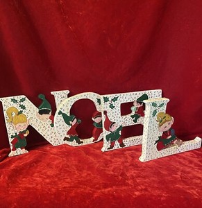 Vintage NOEL Pixie Elves 4 Pc Christmas Hand painted Large Letters