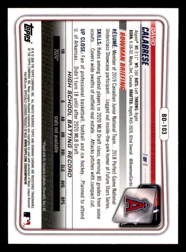 2020 Bowman Chrome Draft #BD103 David Calabrese - Image 2 of 2