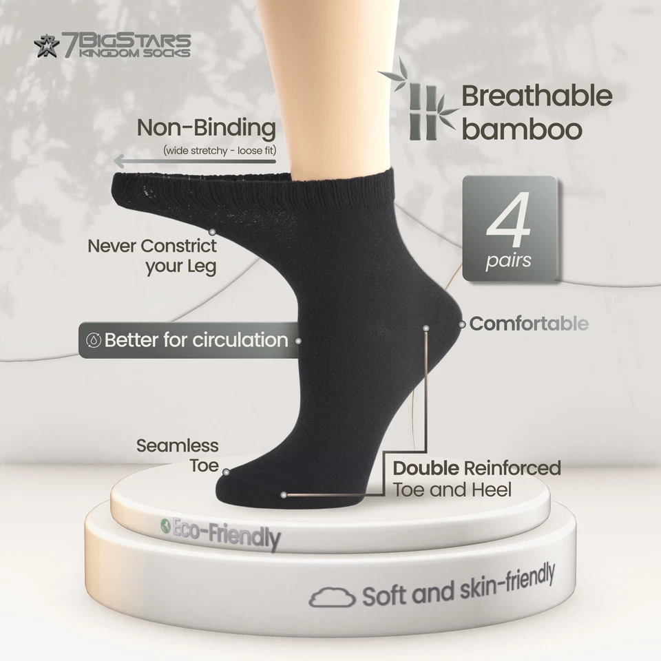 Calcetines de bambú para diabéticos para mujer cuarto sueltos sin ataduras 4 pares medianos 9-11 negros Foto 2 de 4