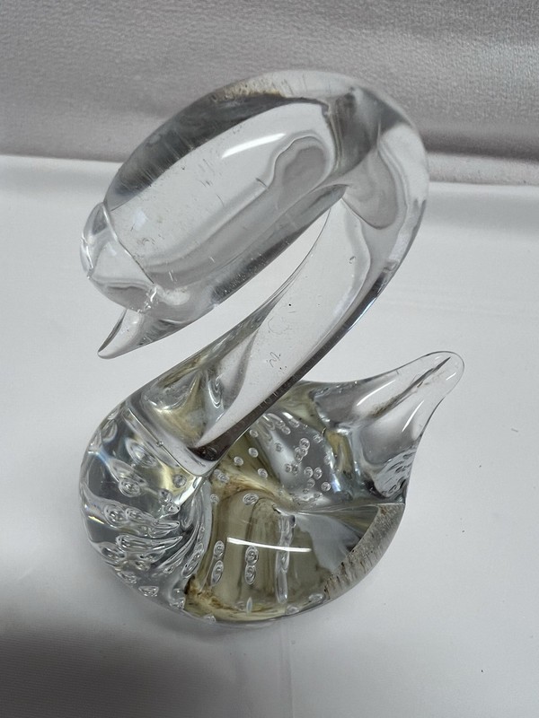 4” H Art Clear Glass Swan Paperweight  Hand Blown Controlled Bubble Bullicante