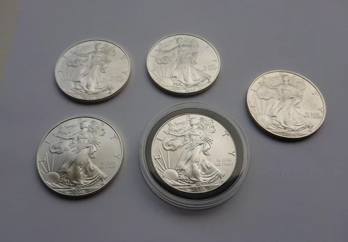 5x 1oz Silver Coins - American Eagles, 0.999 - 1 Dollar Walking Liberty