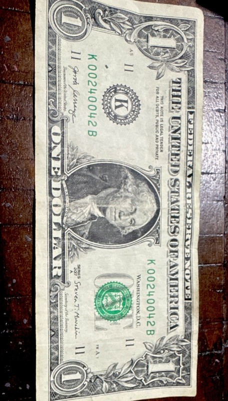 2017 $1 note, 00240042 Trinary  Palindrome, symmetrical O’s
