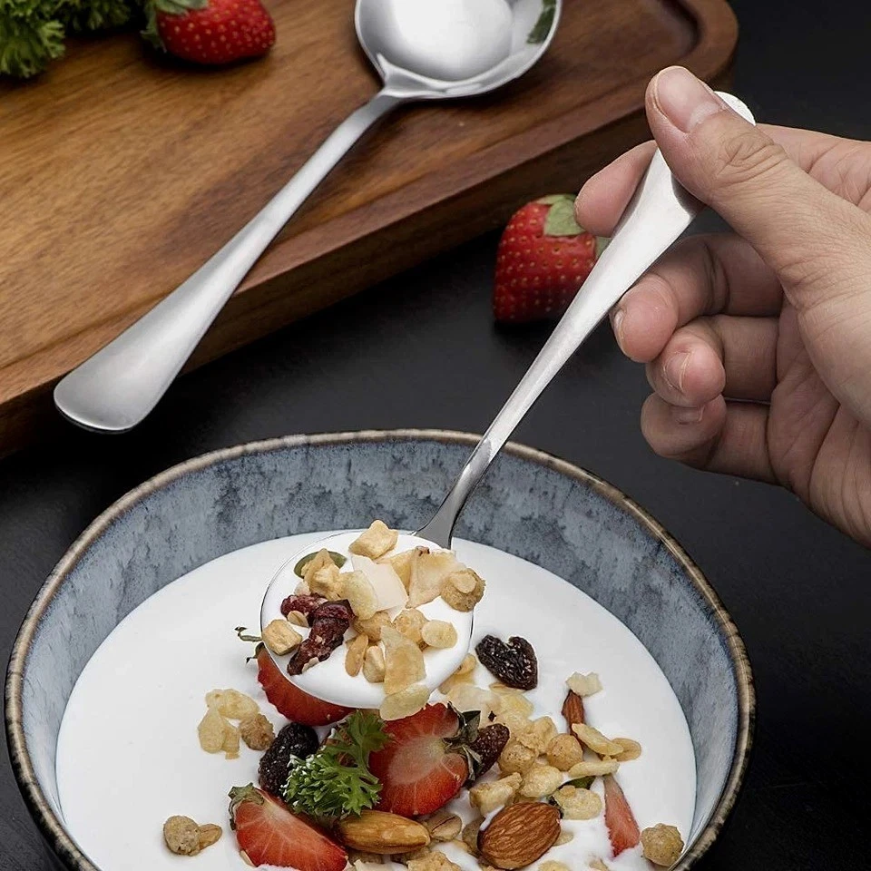 Cucharas de sopa premium de 8 piezas de acero inoxidable cucharas redondas grandes pesadas Foto 3 de 4