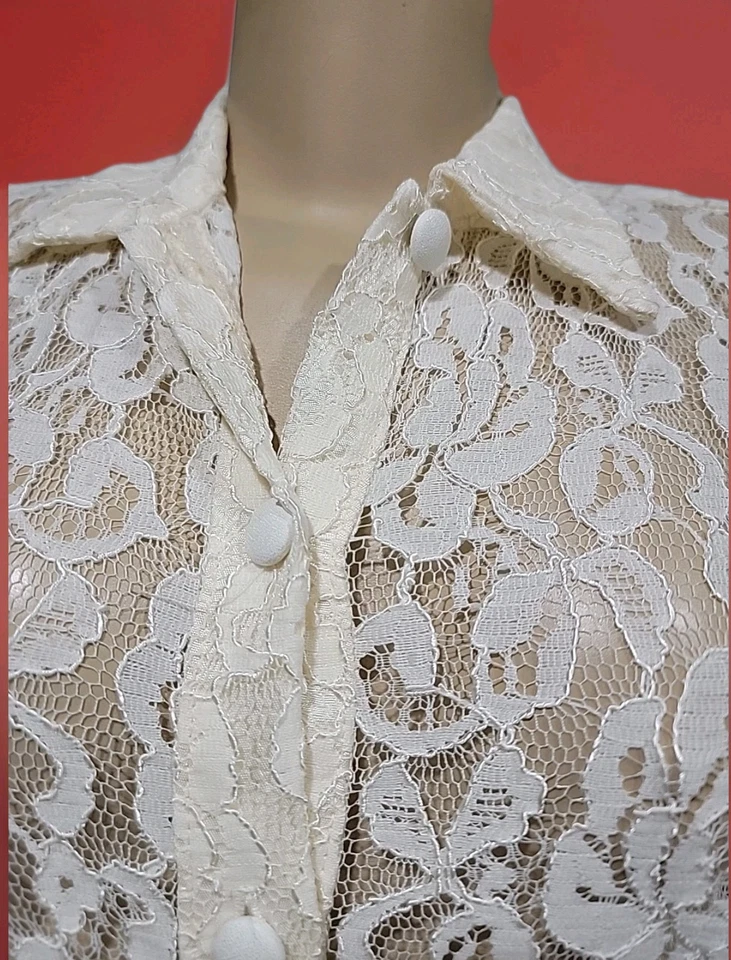 Blusa túnica sin forro transparente #C RAMPAGE vintage mediana de encaje marfil para mujer Foto 2 de 4