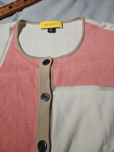 Cárdigan para mujer St John XL lana rosa marfil transparente bloques de color botón preppy defectuoso - Imagen 5 de 17