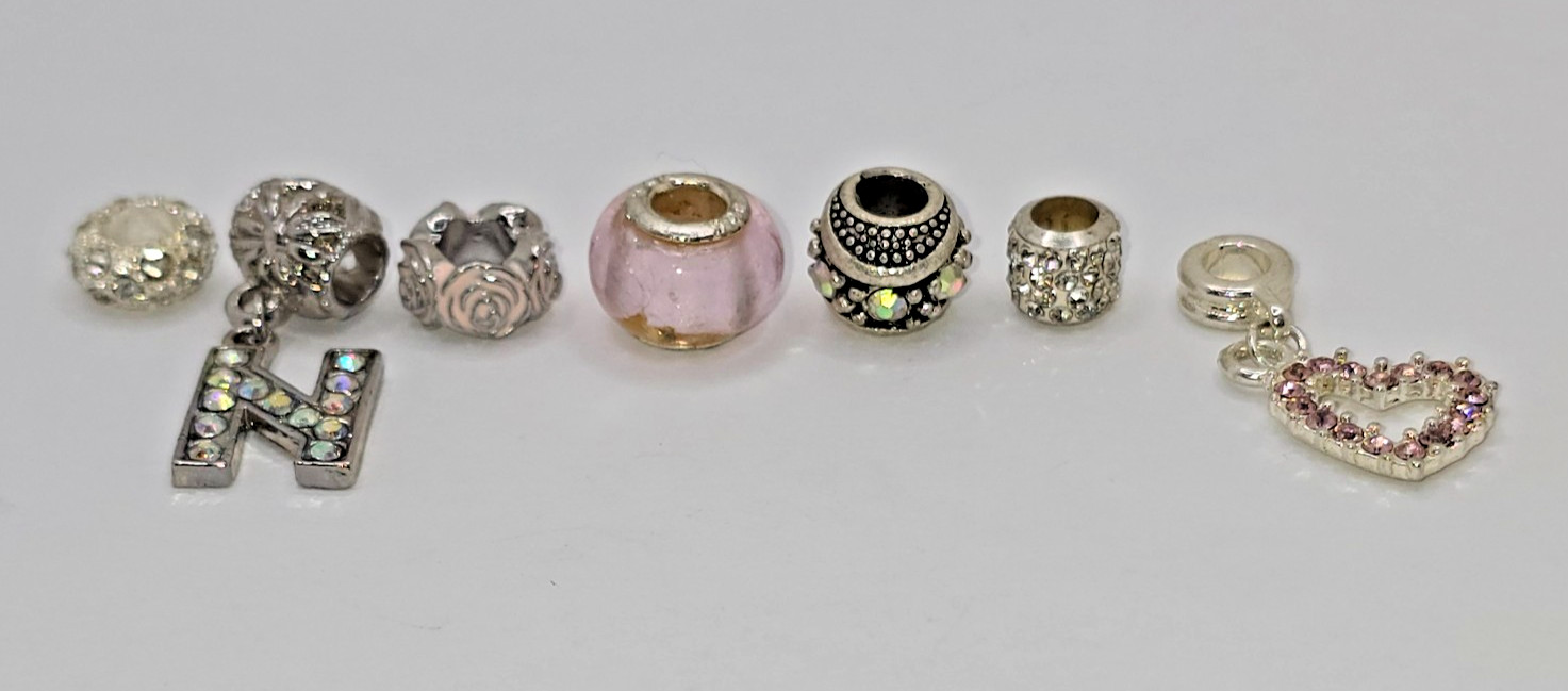 8 Silver Tone European Charm Bead Rhinestone Dangle Heart 