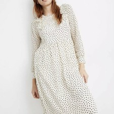Madewell Smocked Ruffle Shoulder Midi Dress Small Inkbrush Dots White Black