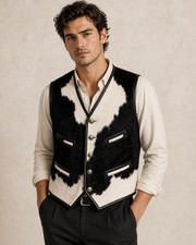 Men  s Cowhide Leather Vest  Black Genuine Hair-On  Button