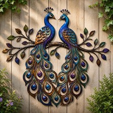 Arte da parete in metallo pavone 2D piatta, decorazione da parete uccellino colorato, giardino esterno patio