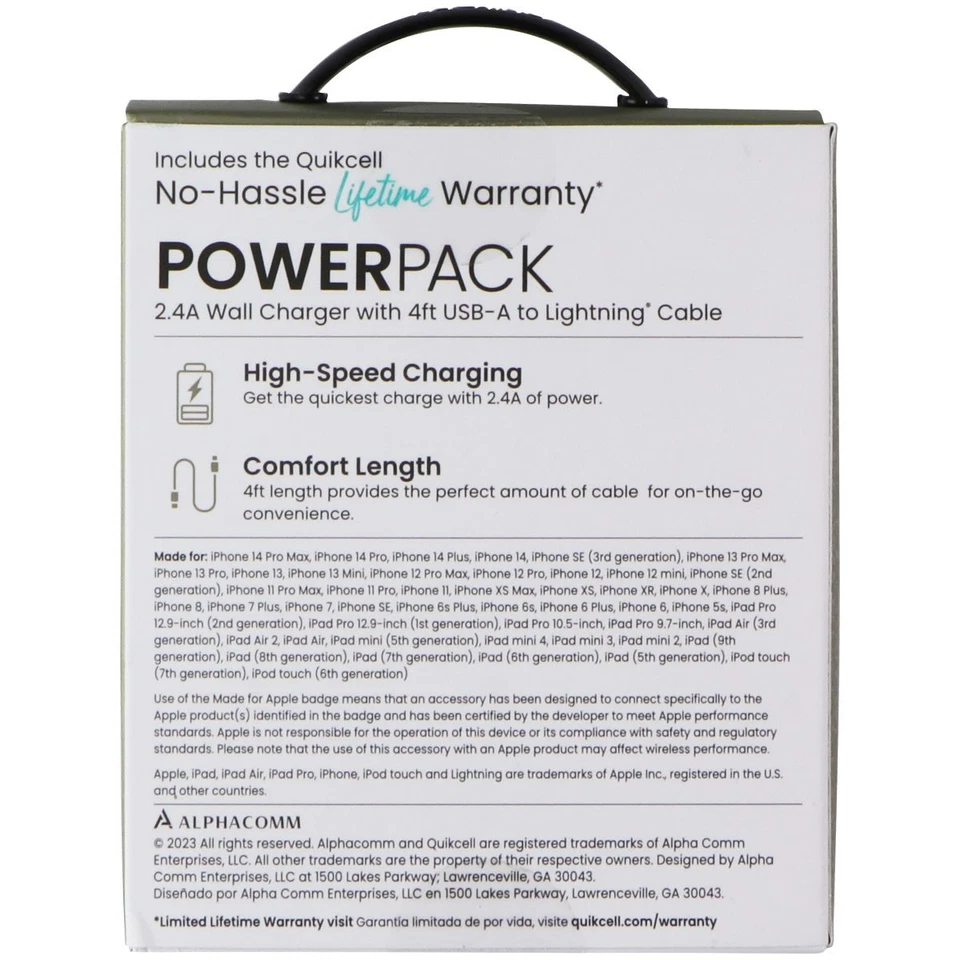 Настенное зарядное устройство Quikcell Power Pack 2,4 А с кабелем USB-A на 8 контактов 4 фута - Изображение 2 из 2