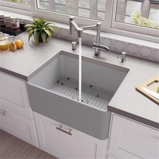 Pemberly Row Gray Matte Smooth Apron 24" x 18" Single Bowl Fireclay Farm Sink