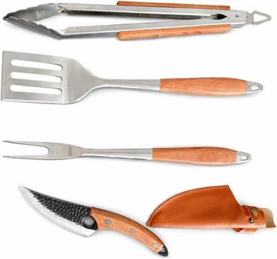 BBQ Grillbesteck Set Rosewood   Premium Edelstahl Grillset - Zange , Messer