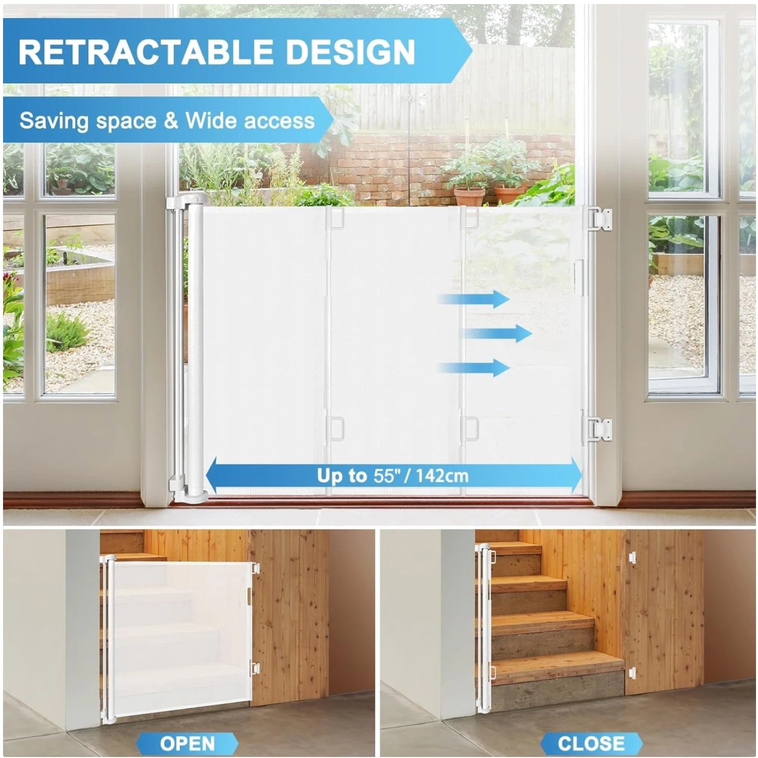 55" Retractable Baby Gate for Doorways & Stairs - White