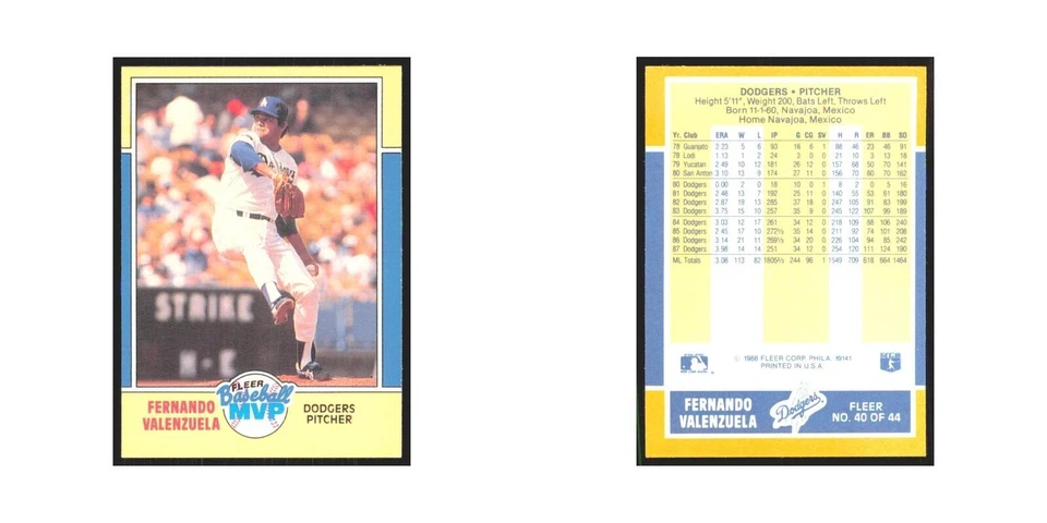 Fernando Valenzuela 1988 Fleer Baseball MVP's #40 Los Angeles Dodgers NM - Image 3 of 3