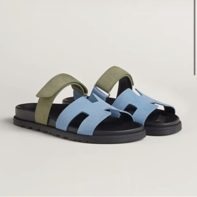 Hermes Chypre Sandal Blue Cameo Vert Celadon Green Strap Slide Slip On Flat 37.5