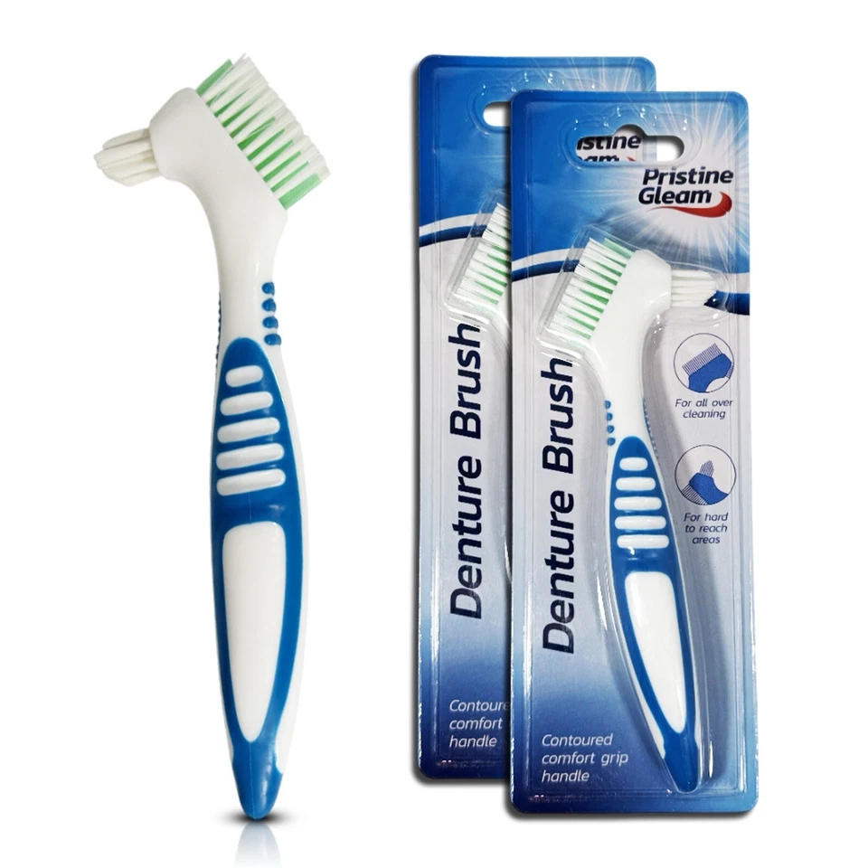 PRISTINE GLEAM 2pk Denture Brush Cleaner Toothbrush Double Sided Cleaning Brush for False Teeth