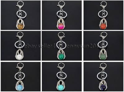 Natural Gemstone Dragon Eagle Claw Round Ball Charm Beads Silver Plated Key Ring