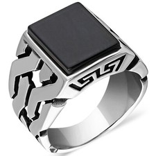 925 Sterling Silver Rectangle Flat Black Onyx Stone Men's Ring