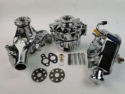 SBC Chevy Chrome Long Water Pump Power Steering Pump & Chrome Alternator 130W