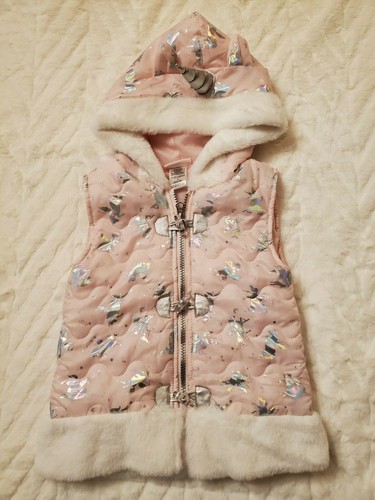 Pink Unicorn Puffer Vest Hood Faux Fur 