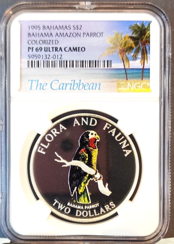1995 BAHAMAS SILVER 2 DOLLARS BAHAMA AMAZON PARROT NGC PF 69 ULTRA CAMEO TOP