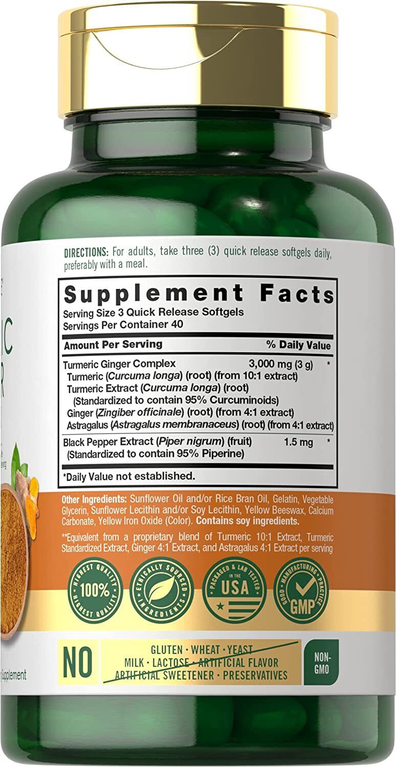 Turmeric Curcumin & Ginger Complex 3000mg | 120 Softgels | by Carlyle
