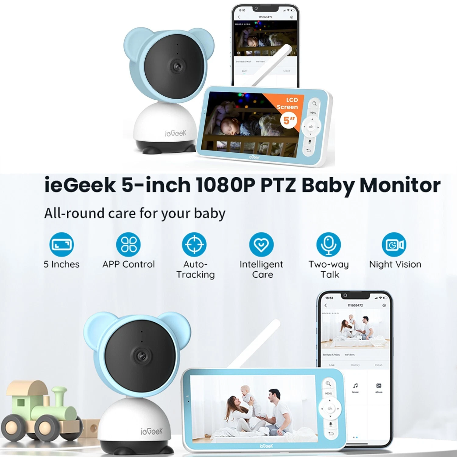 ieGeek 5'' 360° PTZ WiFi Video Baby Monitor with Camera and Audio,2-Way Talk