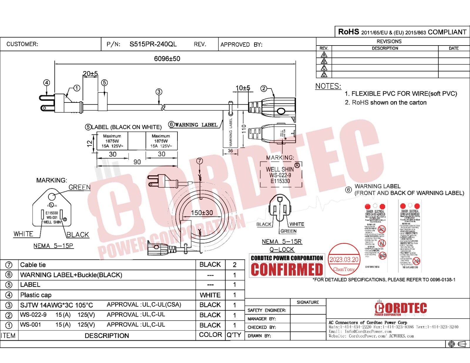 20ft 15 Amp Indoor/Outdoor Household Extension Cord With Lock by AC WORKS®