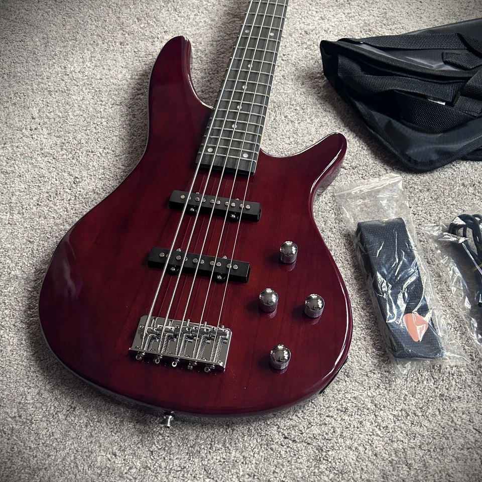 Baixo elétrico de 5 cordas com 24 trastes, acabamento de argila vermelha trans, com bolsa Gig - Imagem 4 de 4